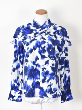 The Fold Silk Abstract Printed Cape Collar Blouse Top - S
